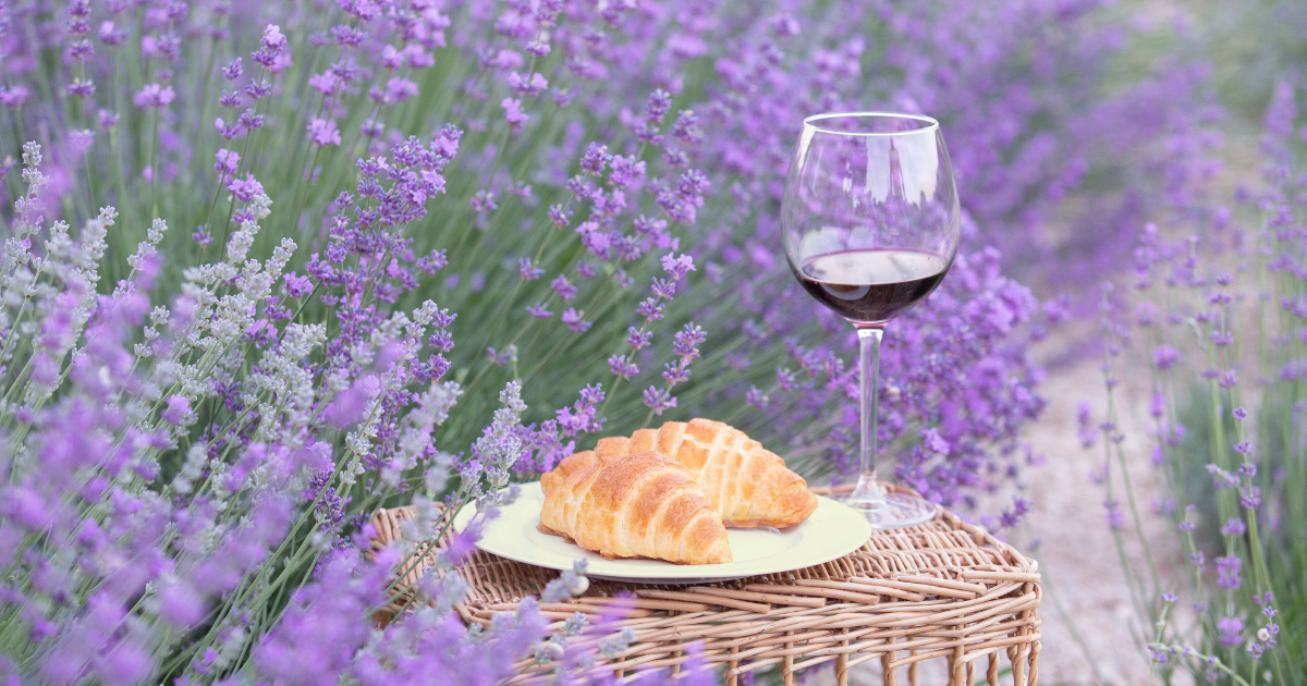 wine and croissant against lavender landscape